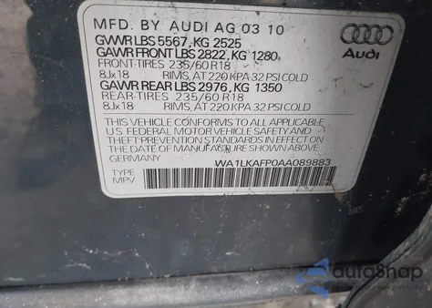 2010 Audi Q5 3.2 Premium z USA, uszkodzony, nr VIN WA1LKAFP0AA089883